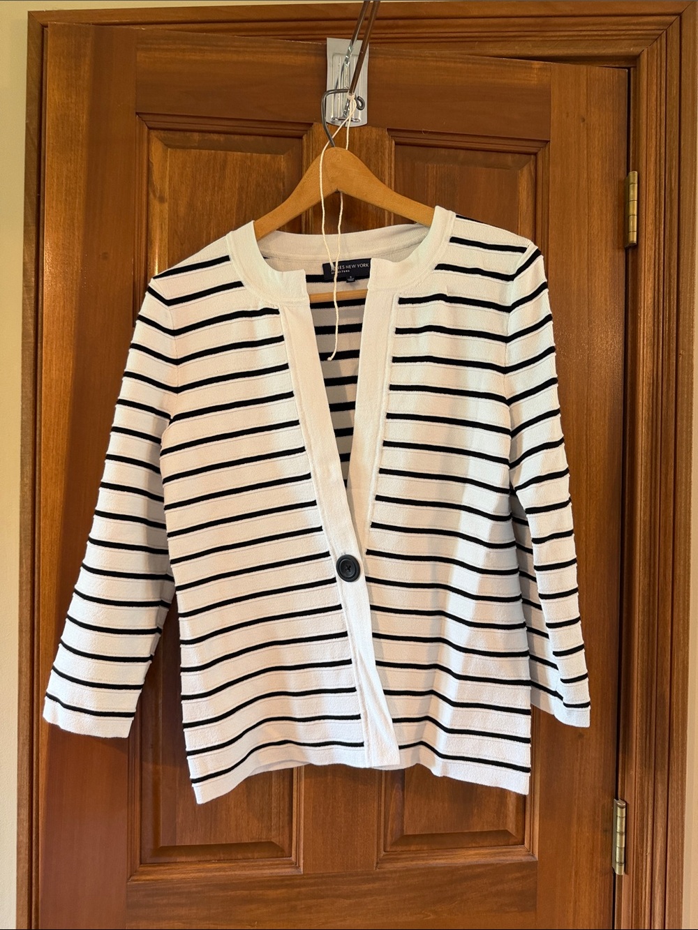 Jones New York White and Navy Striped Single-Button Cardigan